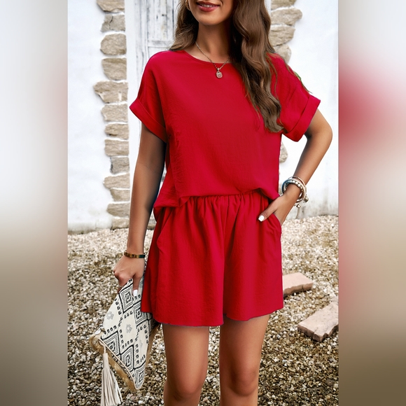 Round Neck Short Sleeve Top and Elastic Waist Shorts Set. - Picture 1 of 6